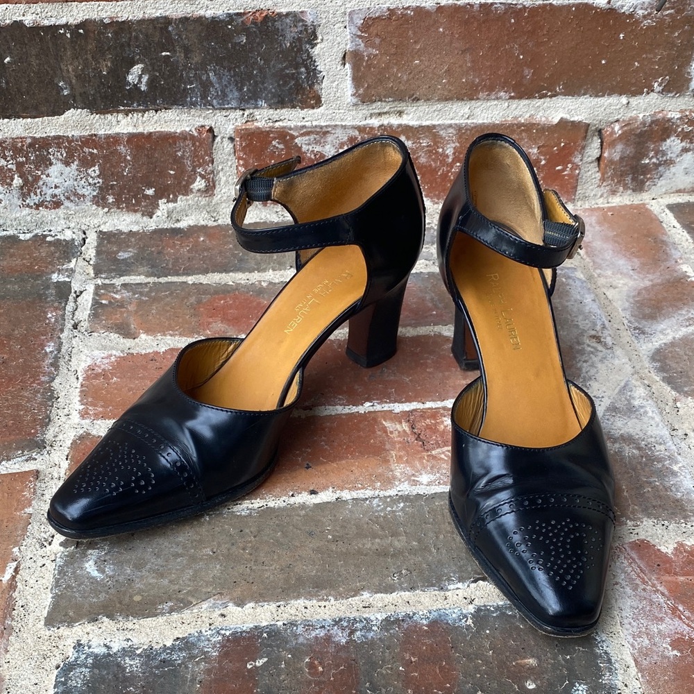 Ralph Lauren Ankle Strap Black Leather Brogue Heels Size 7 1/2